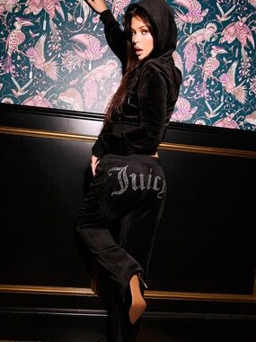 Juicy Couture Black Velour Hoodie with Crystal 'Juicy' Back Logo